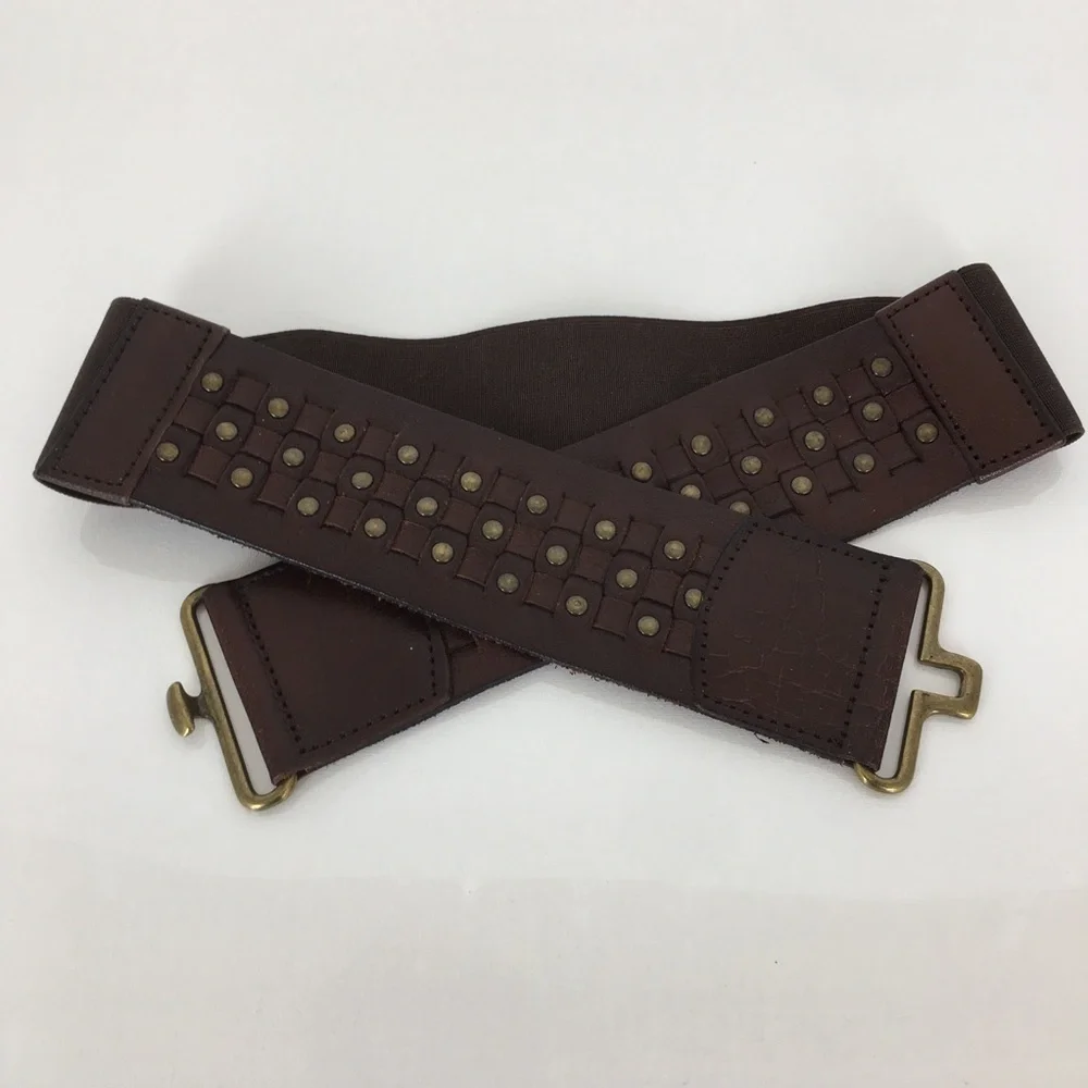 Wide Boho Woven Leather Stretchy Belt Brown with Brass Studs Women’s Size L/XL